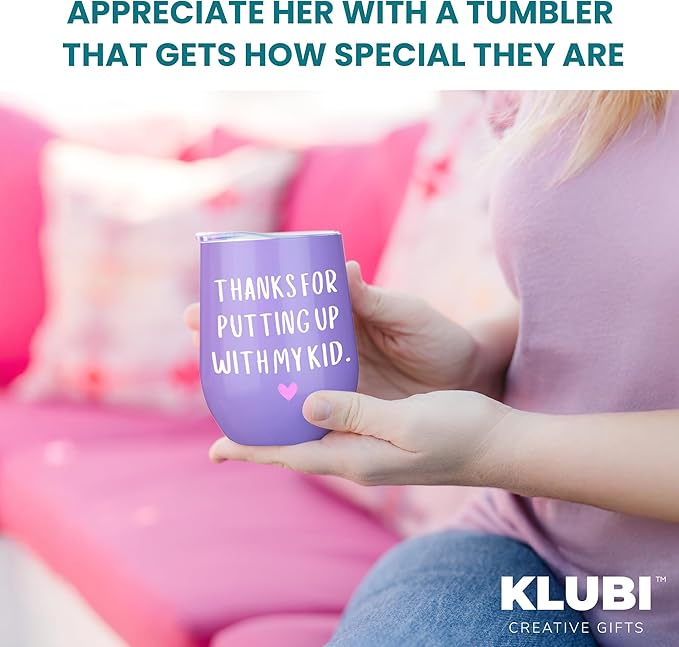 KLUBI Daycare Provider Gifts - Thanks For Putting Up With My Kid Tumbler 12oz Purple Coffee Mug Daycare Teacher Gifts for Teacher Appreciation for Women - Happy Teachers Week Gift for Her