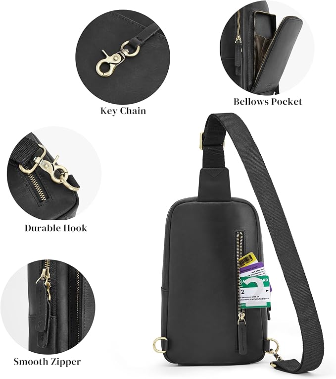 S-ZONE Sling Bag for Men Women RFID Blocking Top Grain Leather Crossbody Shoulder Bag Chest Hiking Daypack Travel