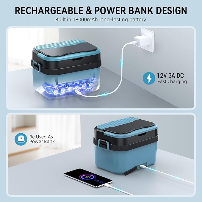 Cordless Electric Lunch Box for Adults, Rechargeable Portable Self-Heating Lunch Box Food Warmer, 1.5L Container for Outdoor, Work, Office, Camping, Travel(Blue＆Black)
