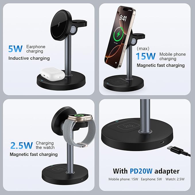 3 in 1 Wireless Charging Station for Multiple Devices, 15W Fast Magnetic Wireless Charger Stand with Adjustable Angle, Compatible with iPhone12-16 Series, Apple Watch, AirPods - Gifts for Men &Women