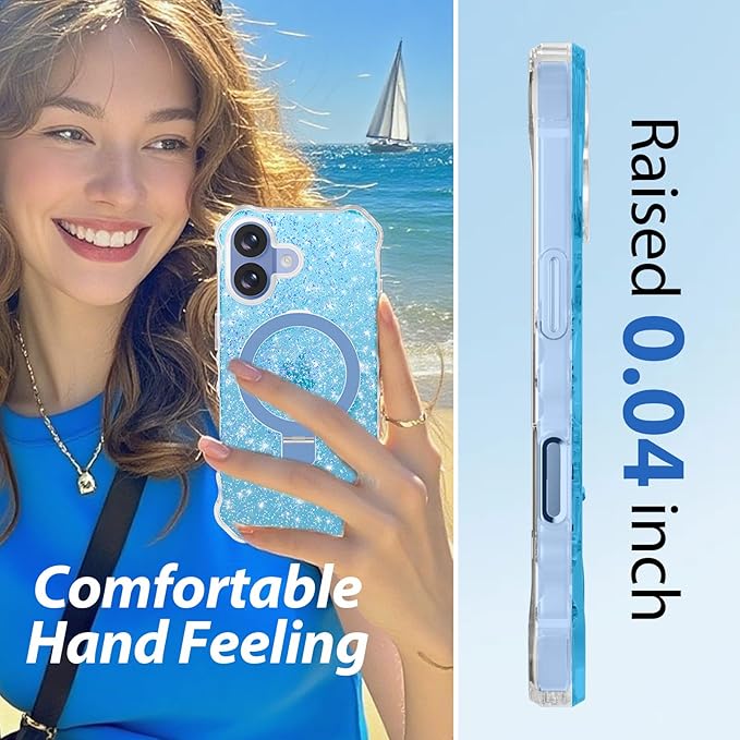 Magnetic for iPhone 17 Case with Invisible Stand, Compatible with MagSafe, Clear Bling Sparkle Shockproof Slim Anti-Slip Military Drop Protection Hard Phone Case 6.3" Glitter Blue