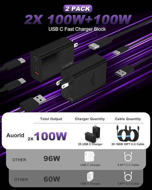 USB C Charger Block 100W, 3-Port GaN Super Fast Charger, Type C Wall Charger Adapter with 10ft USB C Charging Cable for MacBook Pro/Air,iPad Pro, iPhone 16/15Pro, Galaxy S24/S23 and More[2 Pack]-Black