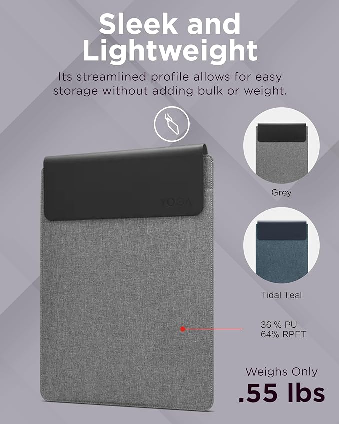 Lenovo Slim Laptop Sleeve 14 Inch Notebook/Tablet - Compatible with MacBook Air/Pro - Eco-Friendly Lightweight Case with Accessory Pocket & Magnetic Closure - Grey