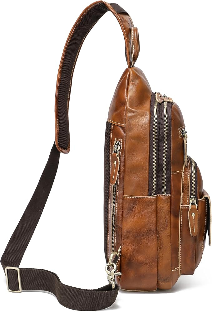 LANNSYNE Full Grain Leather Casual Sling Bag For Men Hiking/Travel/Business Crossbody Chest Bag Fits 12.9" iPad