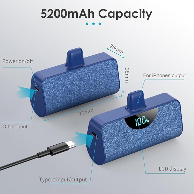 Mini Portable Charger Power Bank for iPhone, 5200mAh External Battery Charging Bank, 20W PD Fast Charging Battery Pack Portable Phone Charger for iPhone 14 Pro Max/14/13/12/11/XR/X/8/7/6/SE (Blue)