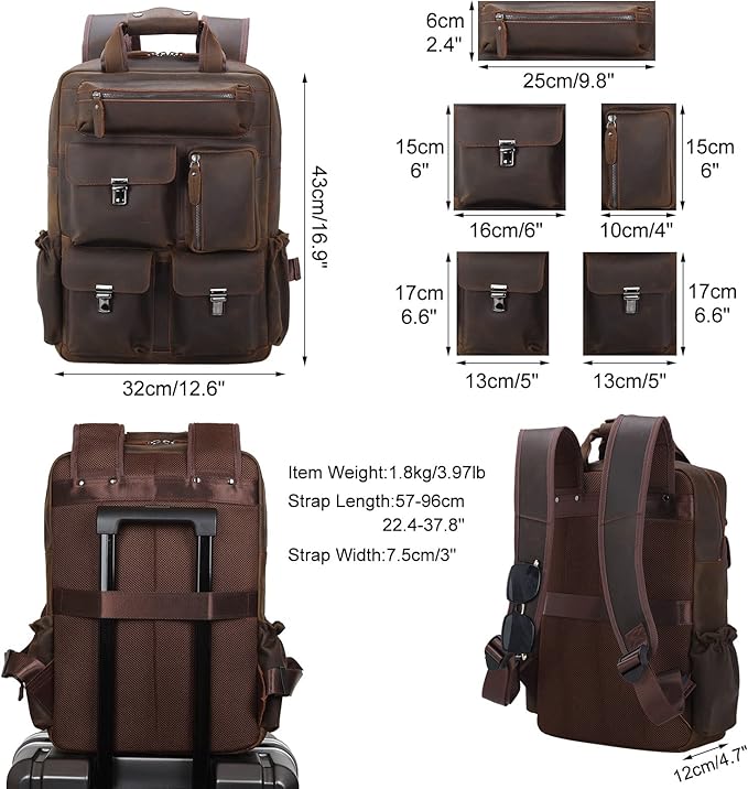 Masa Kawa Leather Backpack for Men Vintage 15.6 Inch Laptop Bag Multi Pockets Casual Work Travel Camping Daypack (deep brown)