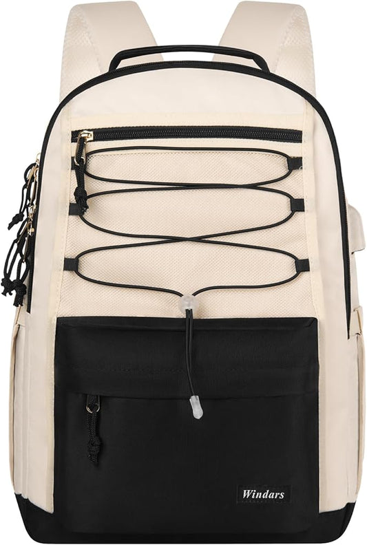 School Backpack for Teens Girls, Aesthetic College Backpack Large Bookbag for Women Students Fashion 15.6 Inch Laptop Bag for Work Travel (Black Beige)