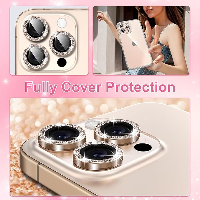 OneFish Women Fashion Privacy Screen Protector for iPhone 16 [6.1 inch]+ Camera Lens Protector, Sparkling Diamond Bling Edge 9H Tempered High-Definition Glass