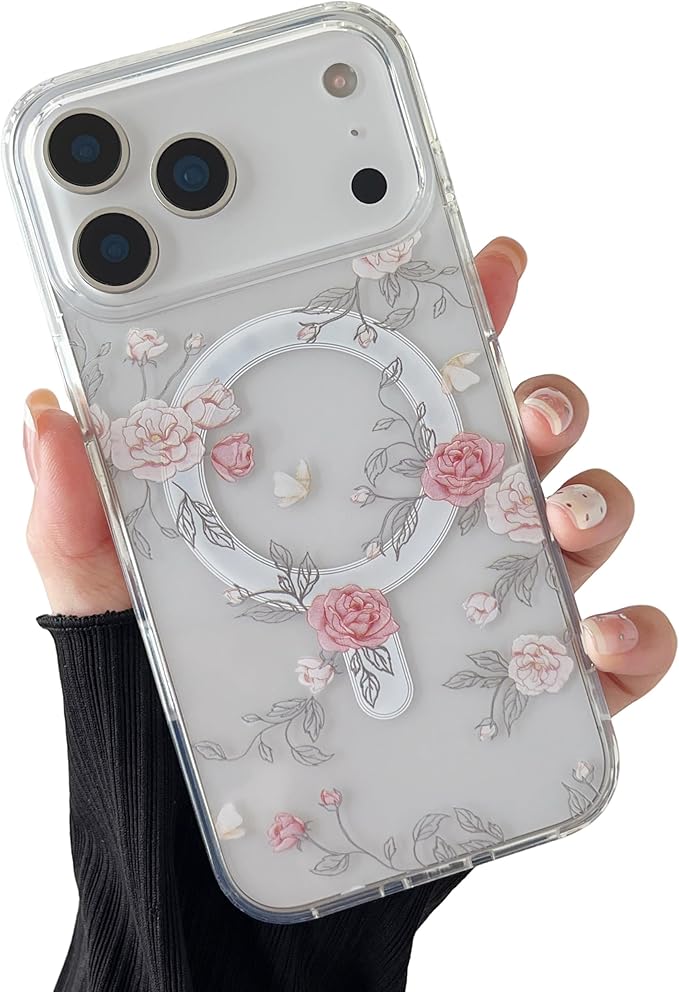 ZTOFERA for iPhone 17 Pro Max Magnetic Case Compatible with Magsafe,Aesthetic Floral Pattern Design Cute for Girl Women,Anti-Drop Protective Hard Phone Cover for iPhone 17 Pro Max-Pink Rose