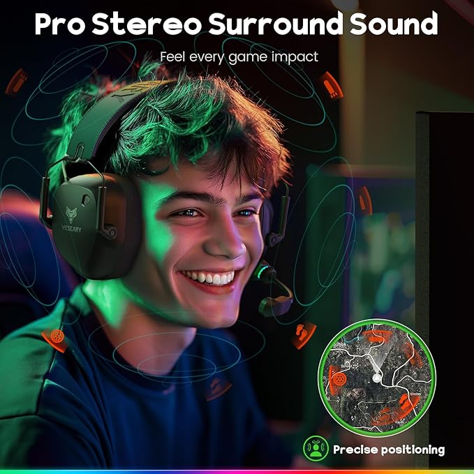 WESEARY Wireless Gaming Headset 2.4GHz & Bluetooth 5.4 Gaming Headphones with ENC Mic, Ultra-Low Latency, Stereo Sound, Soft Earmuffs, Wireless Headsets for PS5, PS4, Switch, PC, Mac