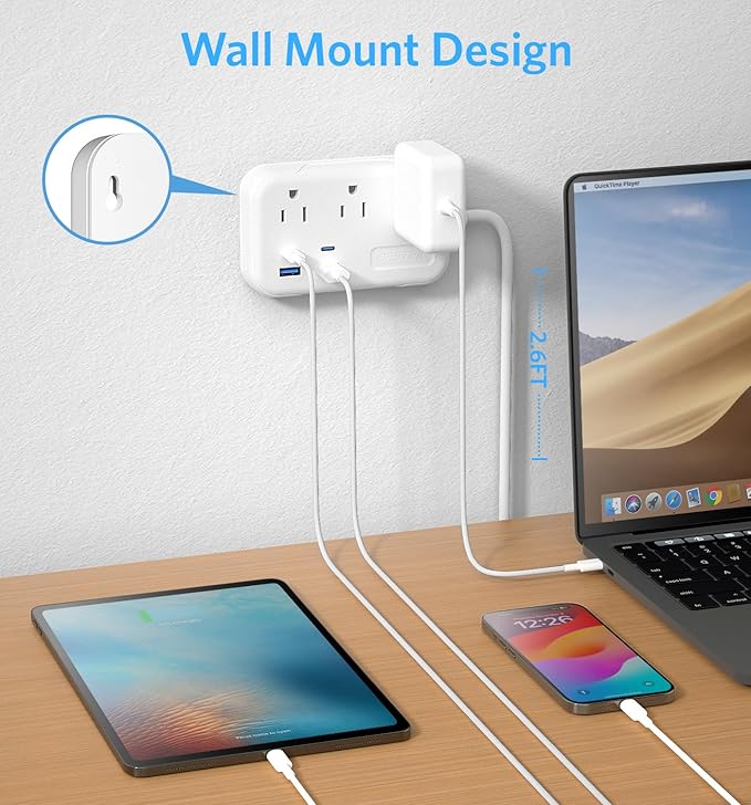 BESTEK European Travel Plug Adapter: UK Travel Plug Adapter- US to UK Europe Travel Power Strip with 20W USB C Charger - 3 AC Outlets, 4 USB Ports (White)