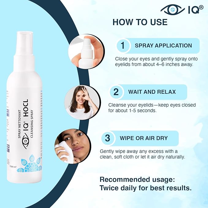 IQ HOCL PURE Eyelid Cleansing Spray – 0.02% Hypochlorous Acid – Gentle Hydrating Formula for Daily Eyelid Hygiene – Doctor Recommended, Alcohol-Free, Additive-Free – Made in Canada