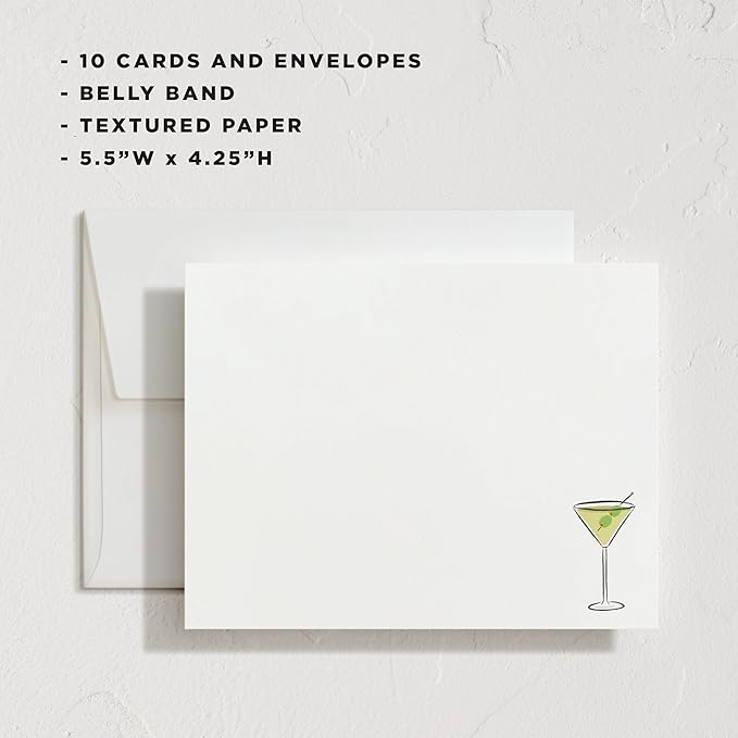 Minted Martini Stationery Set, Set of 10, Flat Note Cards & Envelopes for Invitiations and Handwritten Thank You Messages, Martini Design & Green Checkerboard Back, Gifts for Women, Luxurious Paper