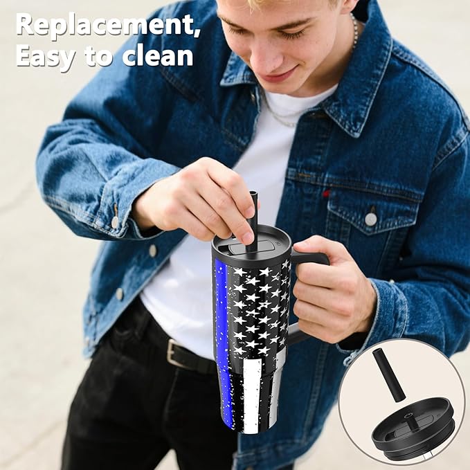 TILUCK 30 oz Tumbler with Handle, Vacuum Insulated Stainless Steel Travel Mug with 100% Leak-Proof Silicone Straw Lid, Cupholder Friendly Water Bottle(BlackFlag, 30oz)