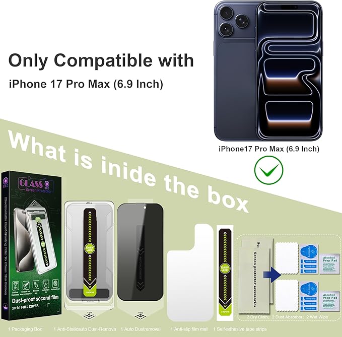 2 Pack Anti-Spy Privacy Screen Protector for iPhone 17 Pro Max (6.9-Inch),9H Tempered Glass,Full Coverage,Anti-Fingerprint,Auto Dust Removal,Bubble-Free,Easy Installation