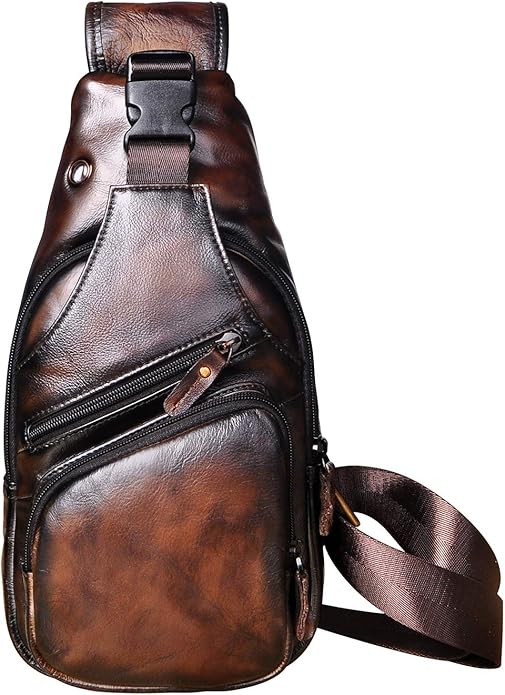 Le'aokuu Men Fashion Casual Tea Designer Travel Hiking Crossbody Chest Sling Bag Rig One Shoulder Strap Bag Men Leather 8015
