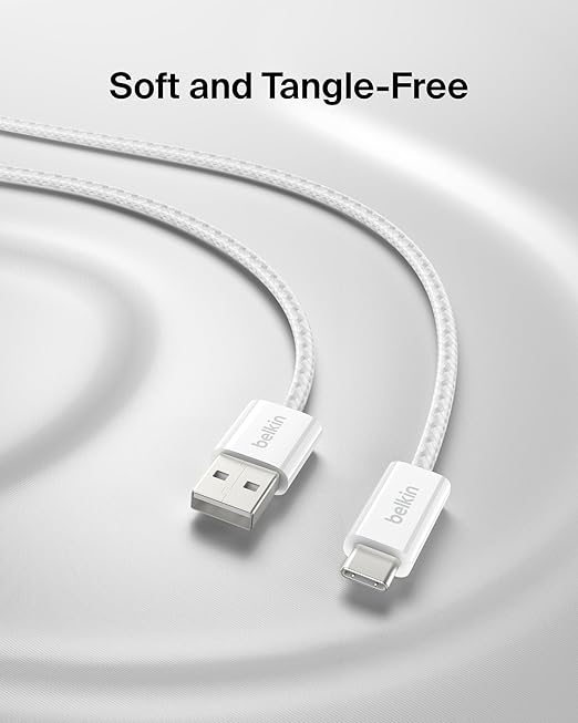 Belkin USB A to USB C Cable 2-Pack, 6.6ft, 15W - Type C Charger, iPhone Charger Cord, Soft, Braided, Flexible for iPhone 17 & 16, Galaxy S25, Pixel 10, iPad Pro, Airpods Pro, Switch & More - White