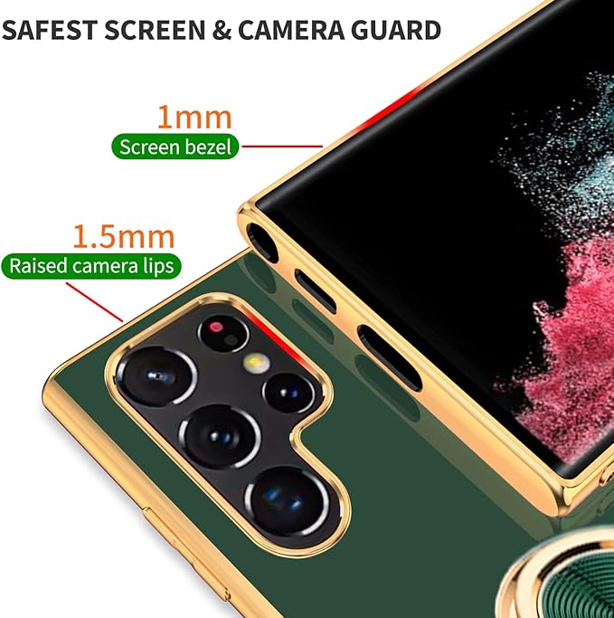 Tnarru Compatible for Samsung Galaxy S22 Ultra Case with Ring Holder Kickstand [with Magnetic] Soft TPU Shockproof Electroplated Protective Phone Case for Galaxy S22 Ultra 5G Green