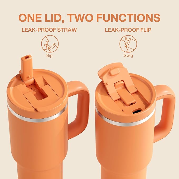 40 oz Tumbler with Handle and Straw: Stainless Steel Insulated Tumbler Keeps Cold for 24 Hours, Leakproof Travel Cup Fits in Cup Holder and BPA-Free, Moderate Orange