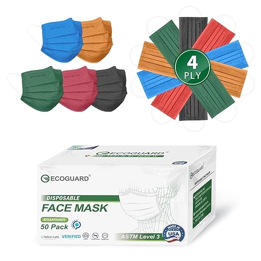 Disposable Face Masks Made in USA, 4 Ply for Families, Students, Breathable All-Day Wear & Safety, FSA HSA Eligible, ASTM Level 3 Medical Grade, 50 Pack, Royal Forest