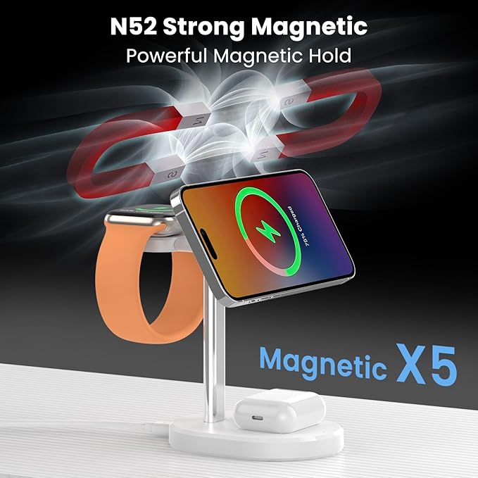 3 in 1 Wireless Charging Station,Detachable Apple Watch Charger & 15W Charger Stand for MagSafe for iPhone, Wireless Charger for Multiple Devices iPhone 16/15/14/13&Watch&AirPods（White）