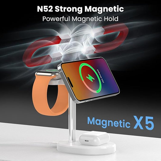 3 in 1 Wireless Charging Station,Detachable Apple Watch Charger & 15W Charger Stand for MagSafe for iPhone, Wireless Charger for Multiple Devices iPhone 16/15/14/13&Watch&AirPods（White）