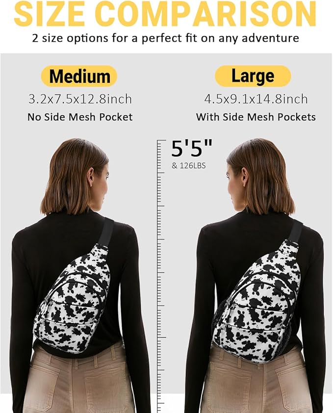 Crossbody Bags for Women, Sling Bag for Men, Small Hiking Backpack Anti Theft Lightweight for Outdoors Travel （L, Cow Print）