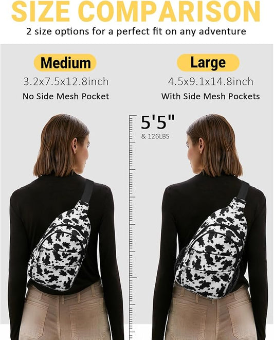Crossbody Bags for Women, Sling Bag for Men, Small Hiking Backpack Anti Theft Lightweight for Outdoors Travel （L, Cow Print）