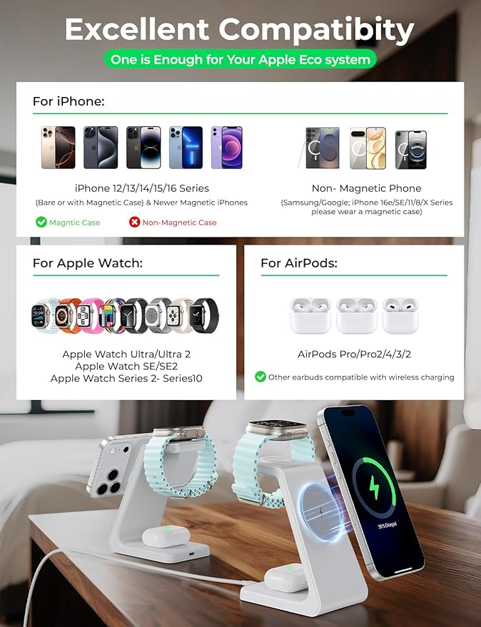 3 in 1 Wireless Charging Station for Apple Mag Safe Charger, 15W Fast Mag-Safe Charger Stand Compatible with iPhone 17 16 15 14 13 12, Apple Watch Charger & Airpods, Gifts for Wife & Husband, White