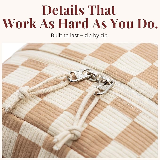 Insulated Brown checkered Lunch Bag for Women, Corduroy Tote with Aluminum Lining, Large Capacity Reusable Cooler for Work, Travel, Beach or Picnic, Checkered Water-Resistant Lunch Box