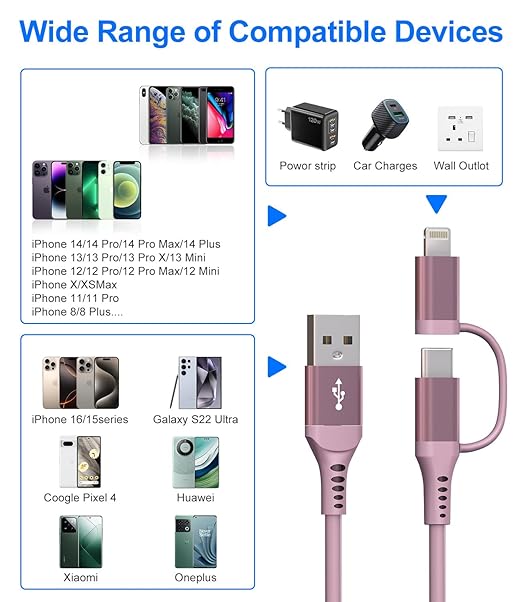 USB to USB C and Lightning Pink Car Charger Cable - Pink iPhone Charger Coiled Lightning Cable Type-C Charging Cord Support Apple Carplay & Android Auto & Data, for iPhone 16 15 14 13 12 11 Android