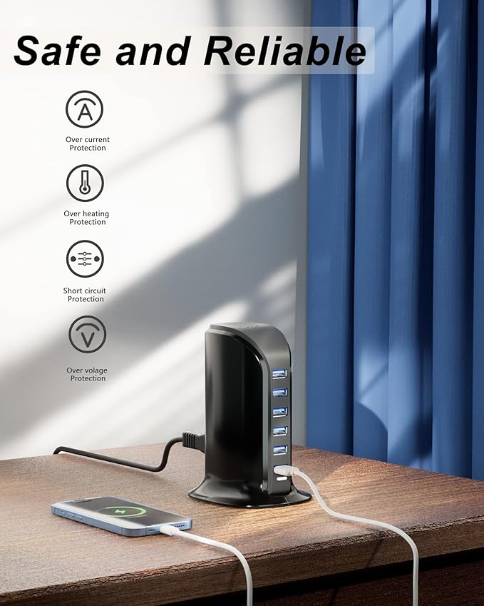 VPSUN USB Charger 6 Port 25W Multi USB Tower Charging Station for Multiple Devices iPhone 15/14/14 Pro/14 Pro Max/13 Pro/13 Pro Max/Android/Samsung/Tablet,etc (Black, 25W)