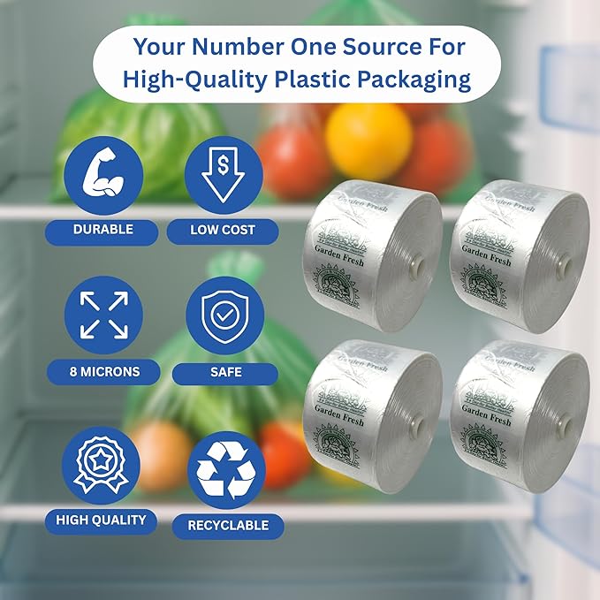 Clear Produce Bags Roll - 3000 Bags - 15"x20" – (4 Rolls, 8 Microns) – for Grocery, Small Business, Reusable Produce Use, Food & Storage Needs, Garden Fresh, Narrow Profile, Kitchen Use