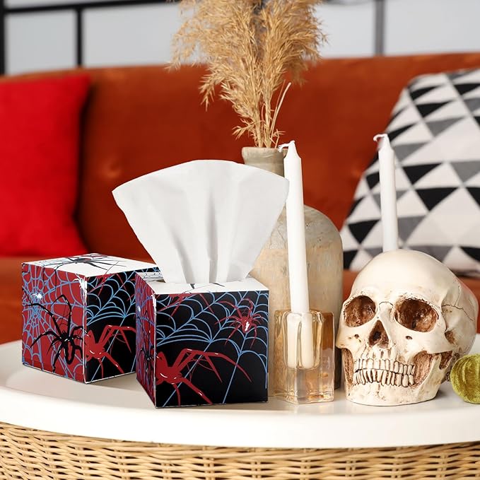 12 Pack Spider Facial Tissues Cube Face Boxes 600 Sheets 3 Ply Small Spiderweb Square Tissues Bulk for Spider Birthday Party Decorations