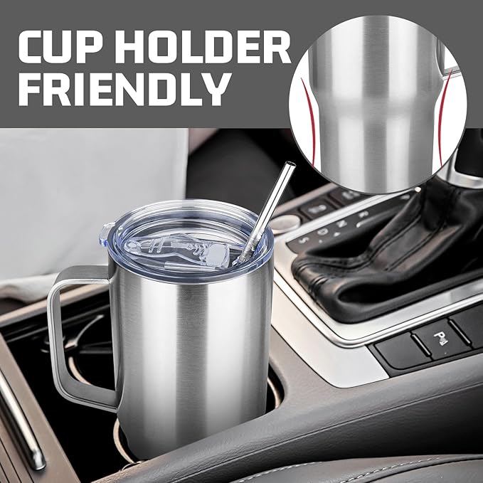 20 oz Tumbler with Handle Stainless Steel Insulated Coffee Mug Tumbler with Lid and Straw Double Wall Vacuum Insulated Coffee Mug Leak Proof Travel Mug Tumbler for Hot and Cold Drink (Silver,4pack)