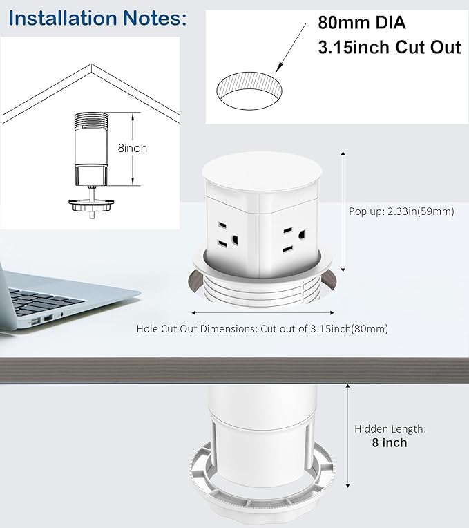 Jgstkcity Pop Up Outlet for Countertop, Flush Mount Tamper Resistant Space Saver Recessed 1875W Grommet,4 Outlets,15Amp Receptacle,ETL Listed,3.15inch Hole,White