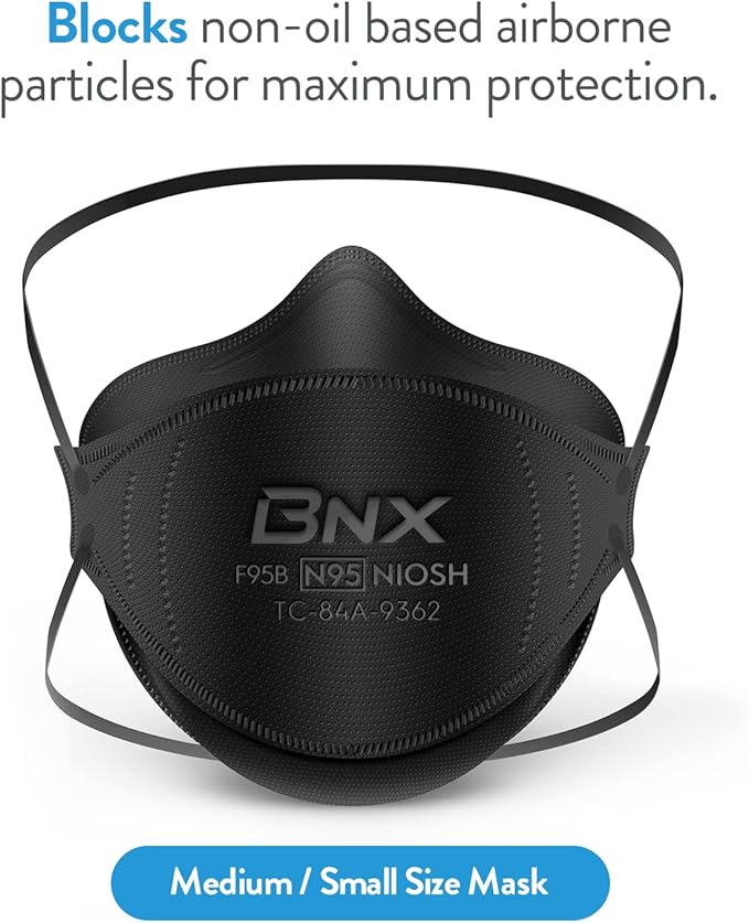 BNX N95 Mask NIOSH Certified MADE IN USA Face Mask, Tri-Fold Cup/Fish Style, 10,20,50-Pack - Black, White (Model F95B,F95W)