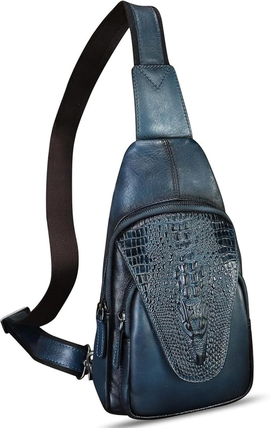 Genuine Leather Sling Bag Embossed Crocodile Pattern Leather Crossbody Sling Backpack Handmade Chest Purse Daypack (Navy Blue)