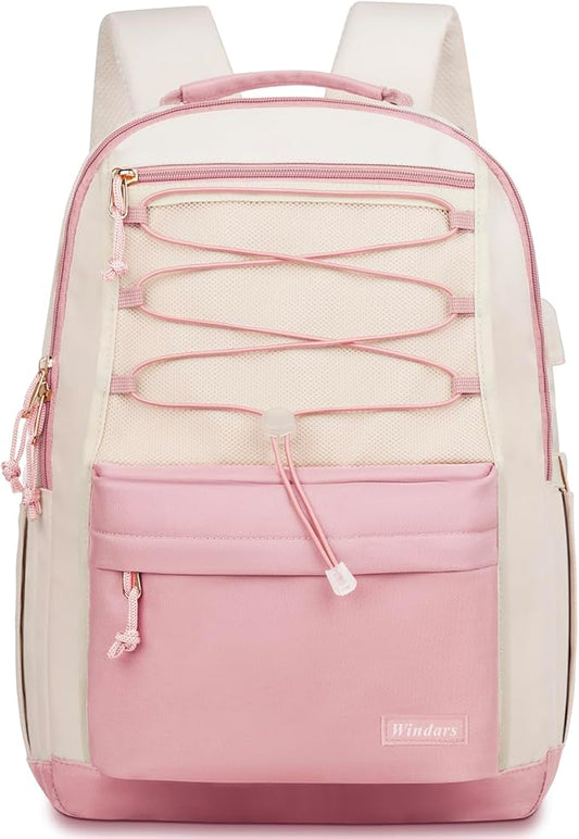 School Backpack for Teens Girls, Aesthetic College Backpack Large Bookbag for Women Students Fashion 15.6 Inch Laptop Bag for Work Travel (Pink Beige)