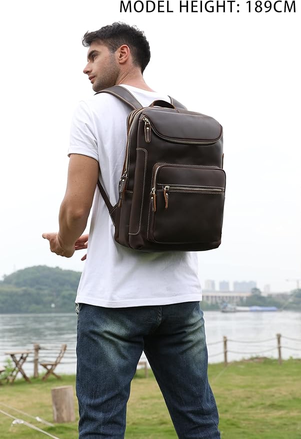 LANNSYNE Vintage Genuine Leather 16" Laptop Backpack For Men Hiking Travel Bag Camping Rucksack