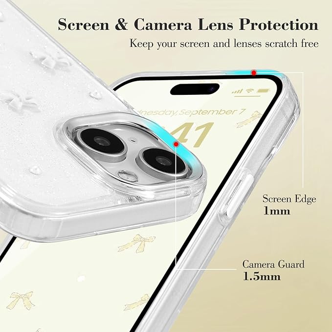 EYZUTAK Case for iPhone 13/iPhone 14, Bling Glitter 3D Bowknot Phone Case Cute Sparkly Crystal Clear Bow Aesthetic Case Slim Soft Durable TPU Transparent Protective Cover for Women Girls - White Bow