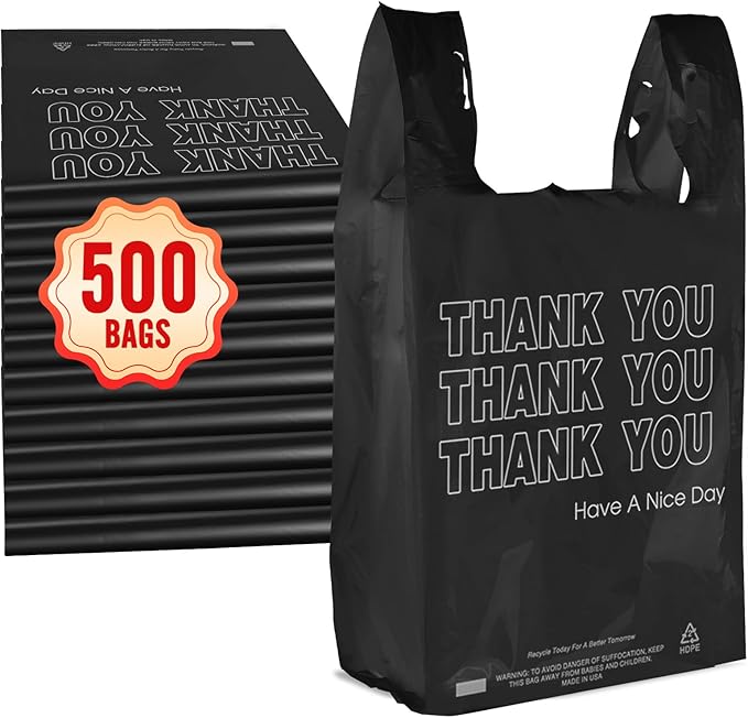 Fuxury 500 Count - Thank You Plastic Tshirt Bags Black (11.5" x 6.5" x 21"), T-shirt, Grocery, Take Out, To Go, Retail Shopping Bags in Bulk for Small Business