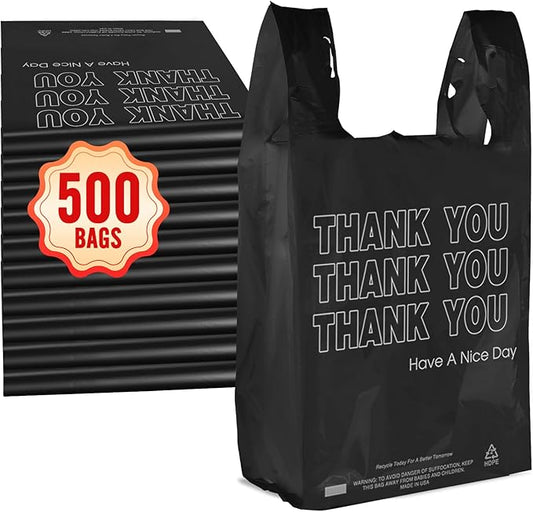 Fuxury 500 Count - Thank You Plastic Tshirt Bags Black (11.5" x 6.5" x 21"), T-shirt, Grocery, Take Out, To Go, Retail Shopping Bags in Bulk for Small Business