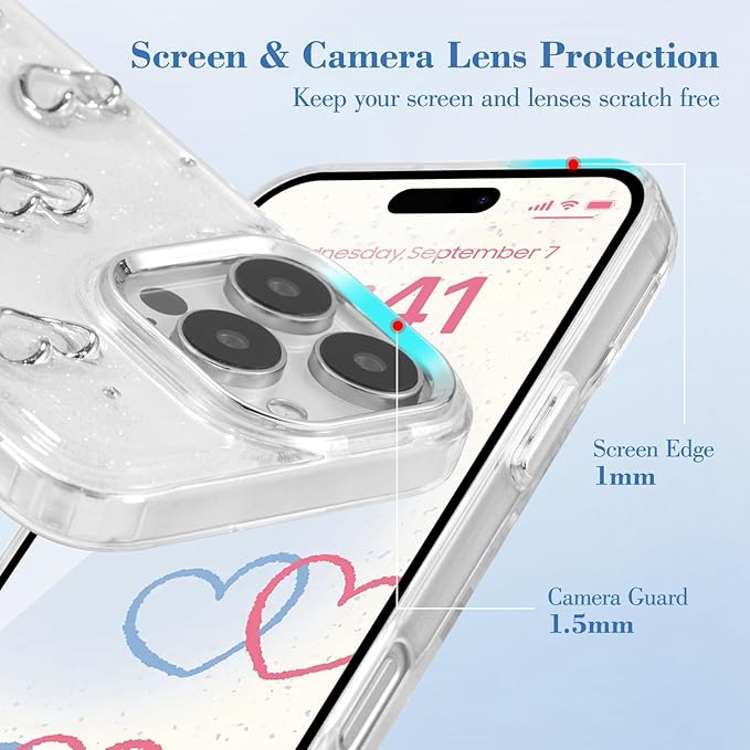 EYZUTAK Case for iPhone 16 Pro, Bling Glitter 3D Hearts Phone Case Cute Sparkly Crystal Clear Heart Aesthetic Design Case Slim Soft Durable TPU Transparent Protective Cover for Women Girls - Heart