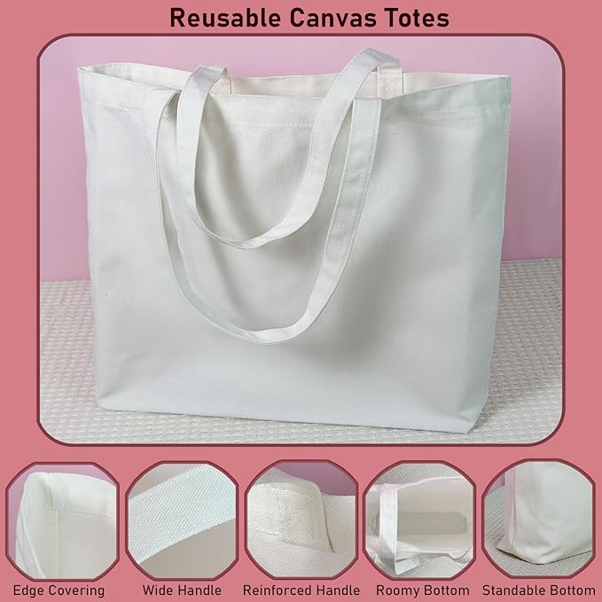 Koolmox Blank Canvas Tote Bags Wholesale White Plain Bags for Decorating, Heat Transfer, Printing, DIY, Crafts, Reusable Washable Canvas Shopping Totes for Women Groceries, 6 Pack, 17x13x3.9inch