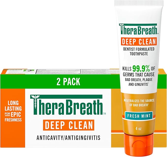 TheraBreath Deep Clean Toothpaste, Kills 99.9% of Germs That Cause Bad Breath, Gingivitis & Plaque (1), Gentle Teeth Whitening with Fluoride for Anticavity Protection, Fresh Mint, 4 Oz, 2-Pack