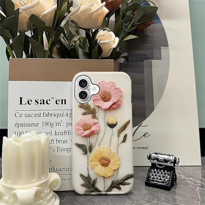 Case for iPhone 16 Plus Case,Faux Embroidery Boho Floral Design - Hybrid Dual Protection Silicone + Hard PC Shockproof Full Body Cover Slim Anti-Scratch Protective Case for Men Women