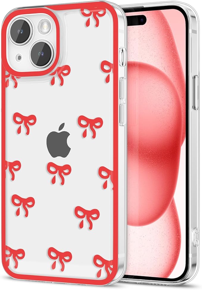 EYZUTAK Case for iPhone 14, Clear Cute Ribbon Bowknot Pattern Aesthetic Transparent Phone Case Raised Camera Protection Stylish Slim Soft Durable TPU Protective Cover for Women Girls - Red