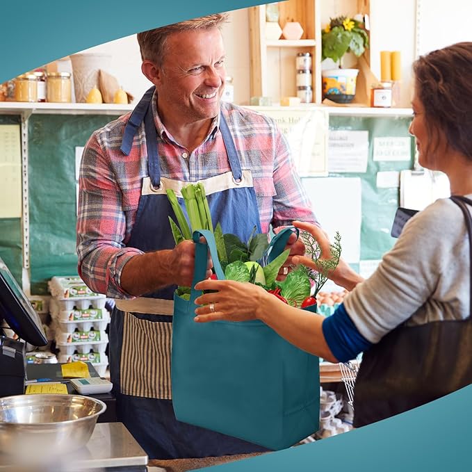 Reginary Reusable Totes Bags - 100 Pcs Non Woven Grocery Handle Bags for Shop Events & Retail Store (Dark Green)