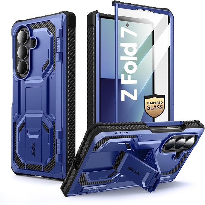 i-Blason Armorbox for Samsung Galaxy Z Fold 7 Case with Stand [Tempered Glass Screen Protector] [Hinge Protection] Full-Body Heavy Duty Rugged Shockproof Protective Case for Z Fold 7 (Blue)
